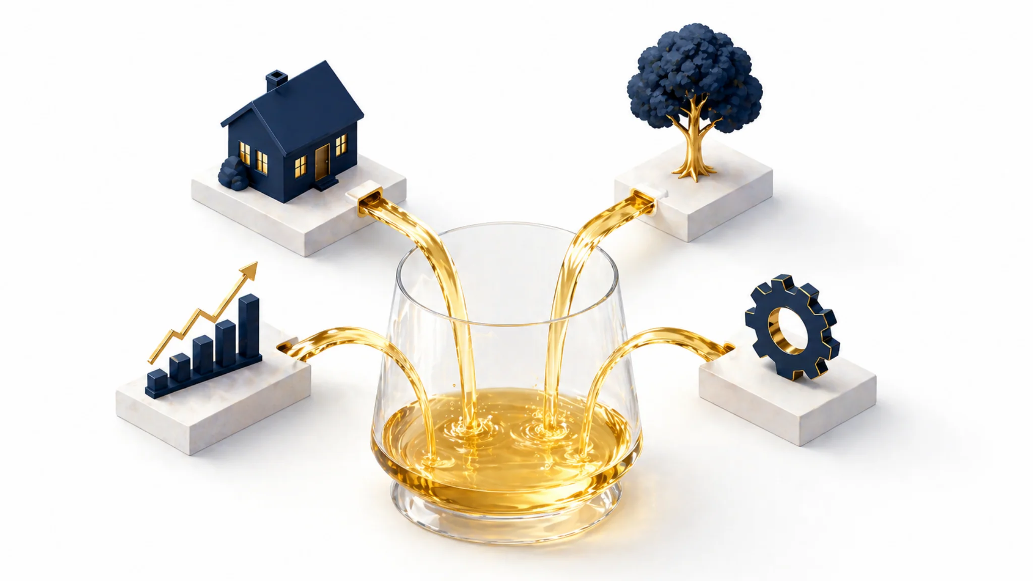Envelope dourado a abrir-se com part&iacute;culas em forma de seta ascendente, newsletter de investimentos